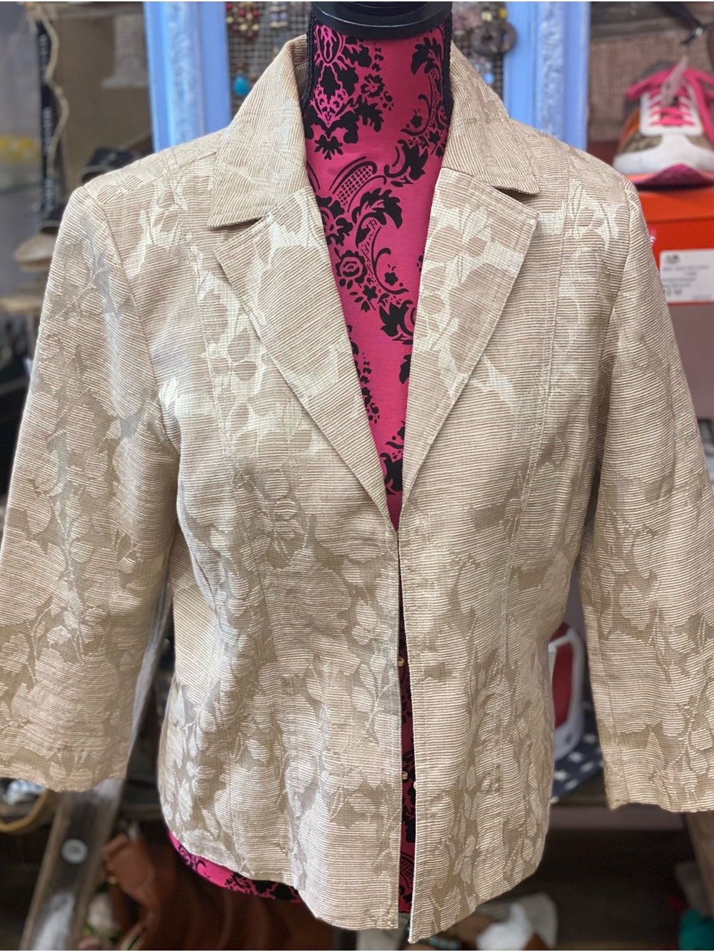 Chico's Neutral Floral Jacquard Cropped Blazer